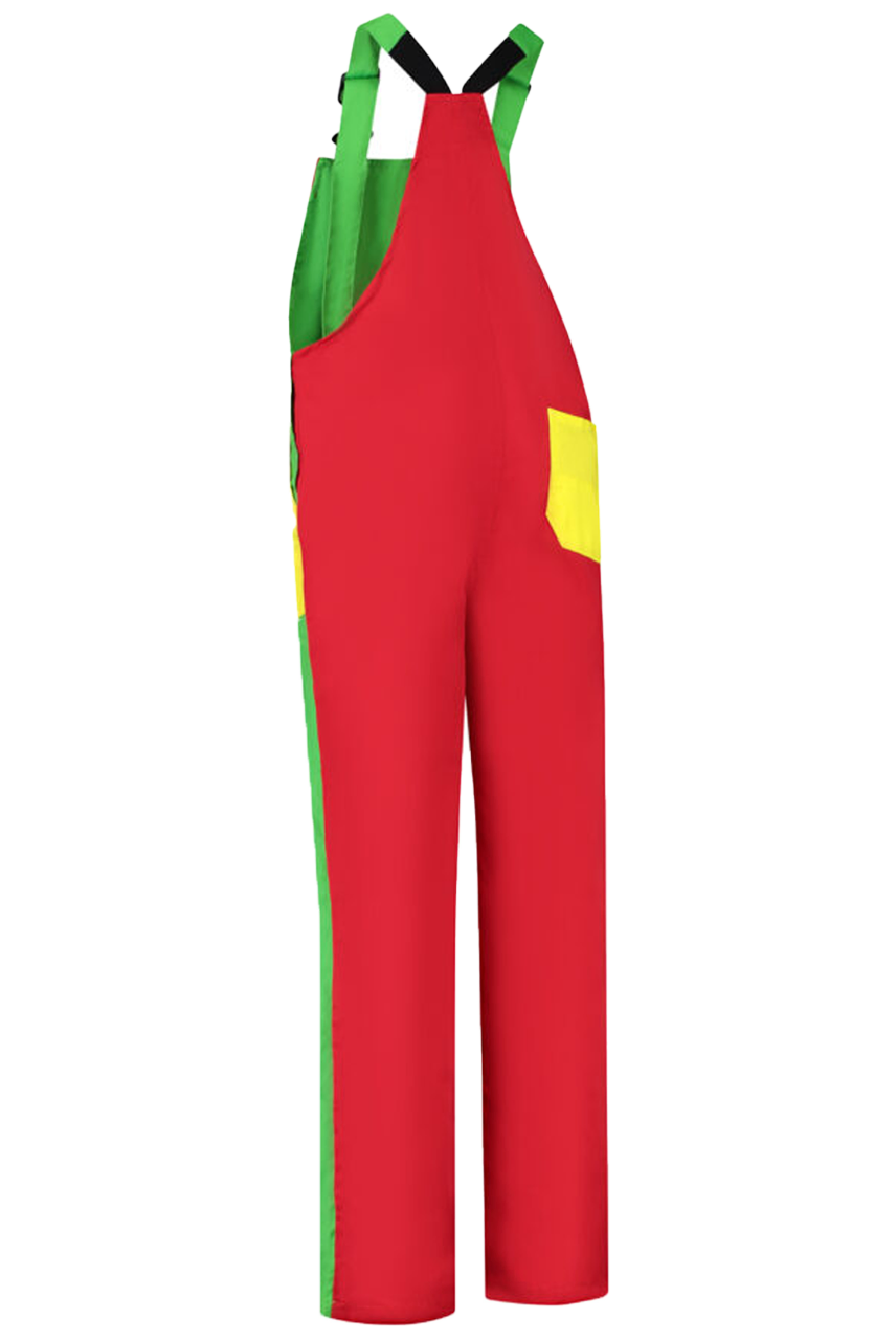 Tuinbroek 3-kleurig groen-rood-geel achterkant