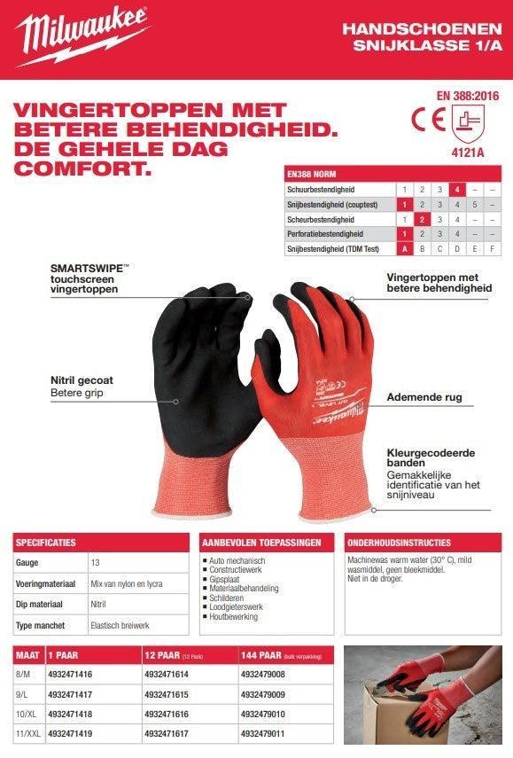 Snijbestendige werkhandschoenen 1/A Milwaukee normering