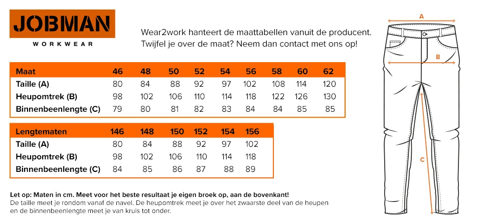 Werkbroek Jobman stretch 2194 Extra lang - Maattabel