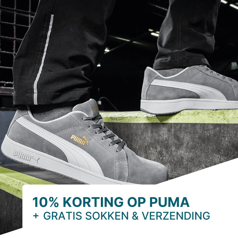 actie 10% korting op puma. Daarbij krijg je ook nog gratis werksokken & gratis verzending.
