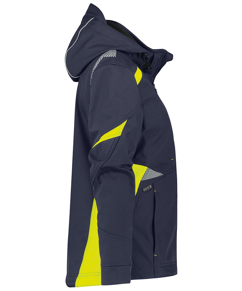 Dassy dames softshelljas Kalama navy geel zijkant