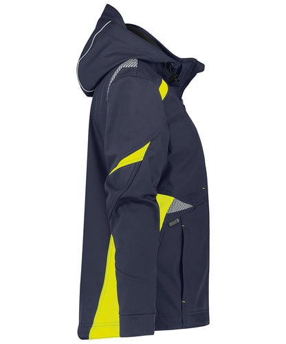 Dassy dames softshelljas Kalama navy geel zijkant
