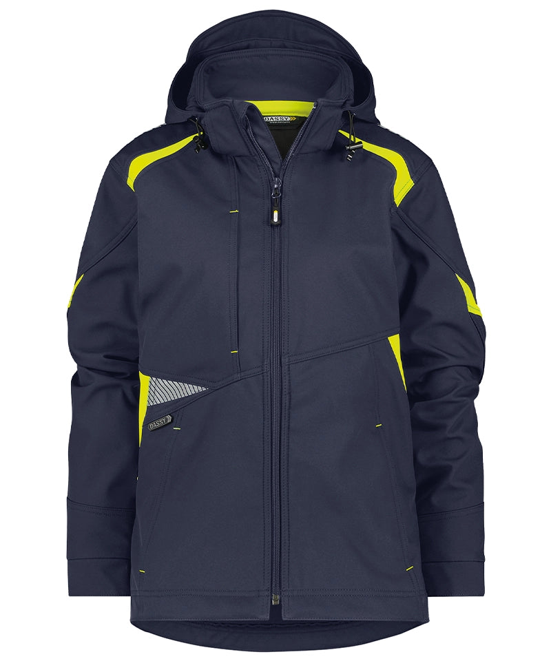 Dassy dames softshelljas Kalama navy geel voorkant