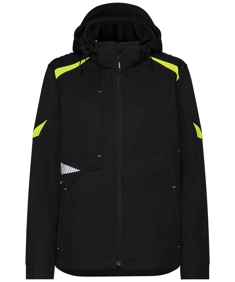 Dassy dames softshelljas Kalama zwart geel voorkant