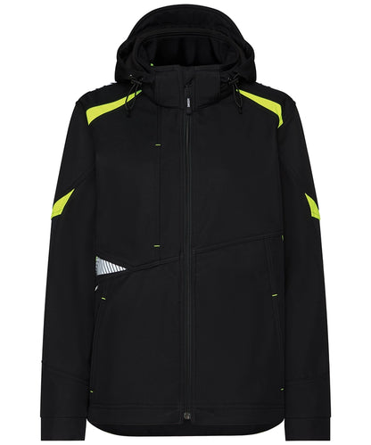 Dassy dames softshelljas Kalama zwart geel voorkant