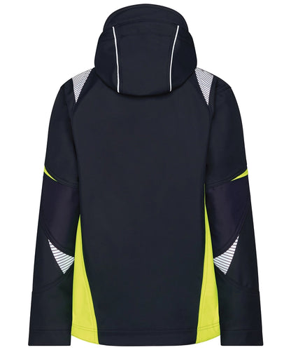 Dassy softshelljas Kalama navy geel achterkant