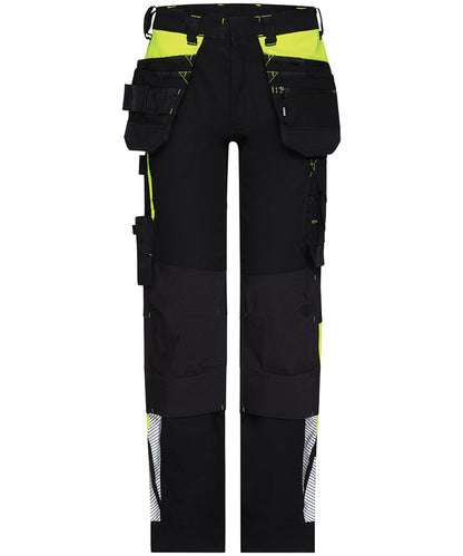Dassy holsterzakkenbroek Shanghai stretch met kniezakken zwart geel voorkant