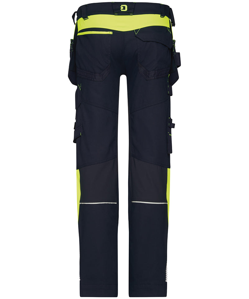 Dassy holsterzakkenbroek Shanghai stretch met kniezakken navy geel achterkant
