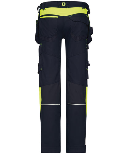 Dassy holsterzakkenbroek Shanghai stretch met kniezakken navy geel achterkant