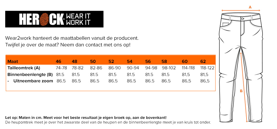Herock werkbroek Dero - Maattabel