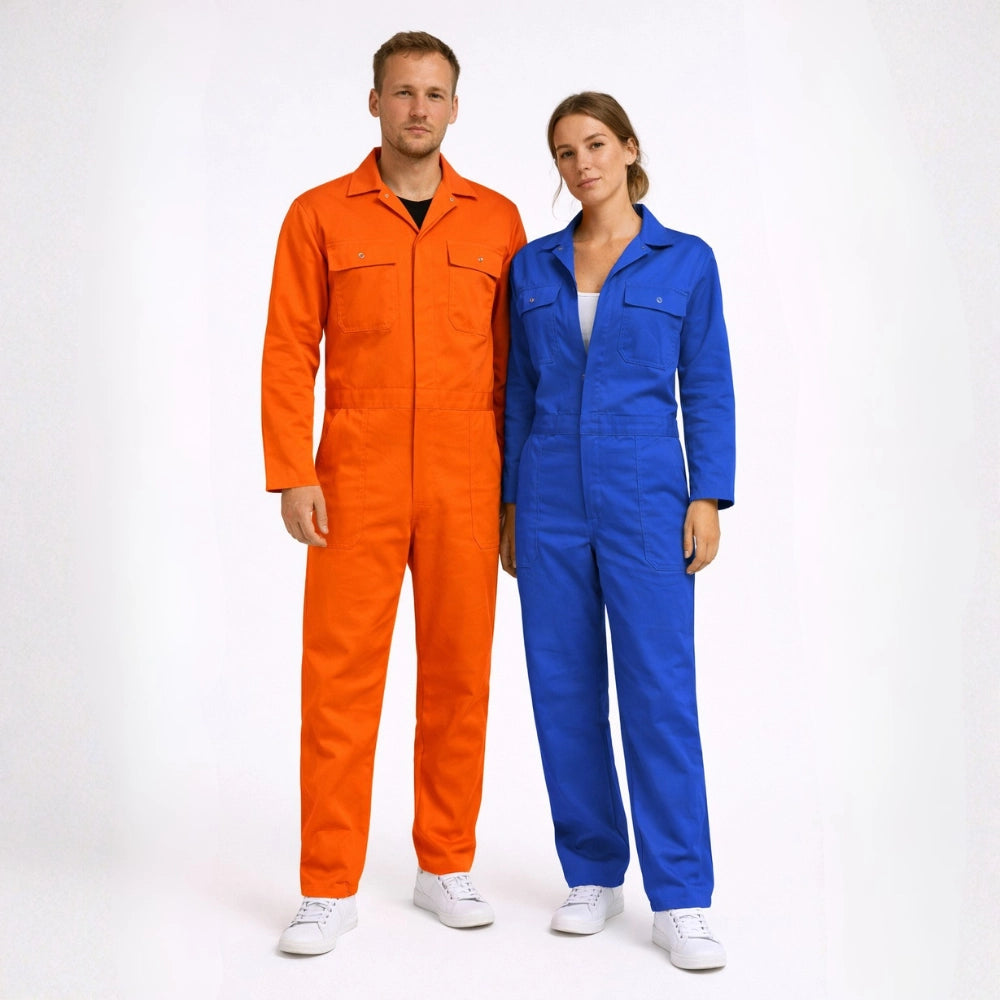 Overall Drukknoop polyester/katoen oranje en blauw aan foto modellen