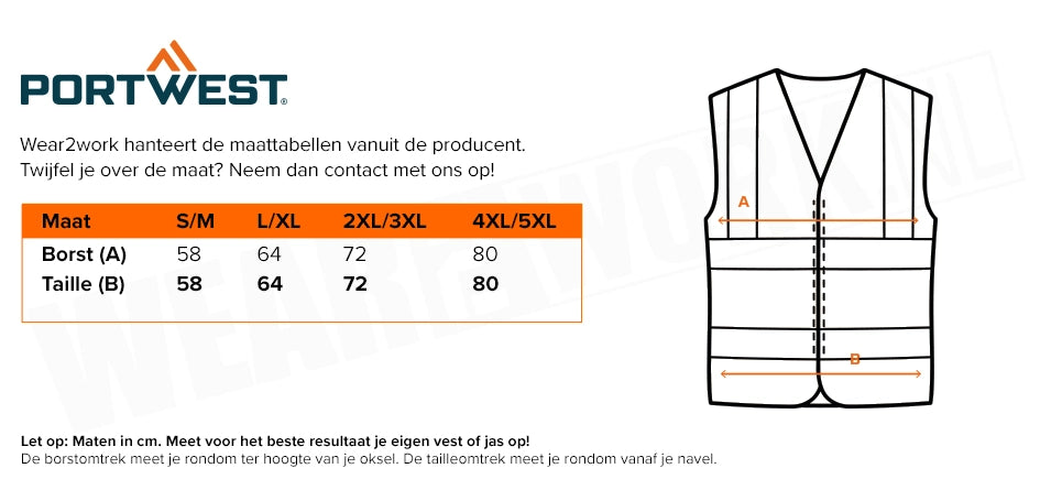 Veiligheidshesje Oranje - Maattabel