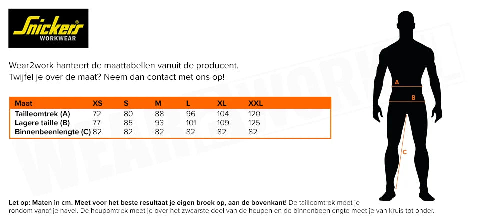 Gevoerde winterwerkbroek Snickers 6619 - Maattabel