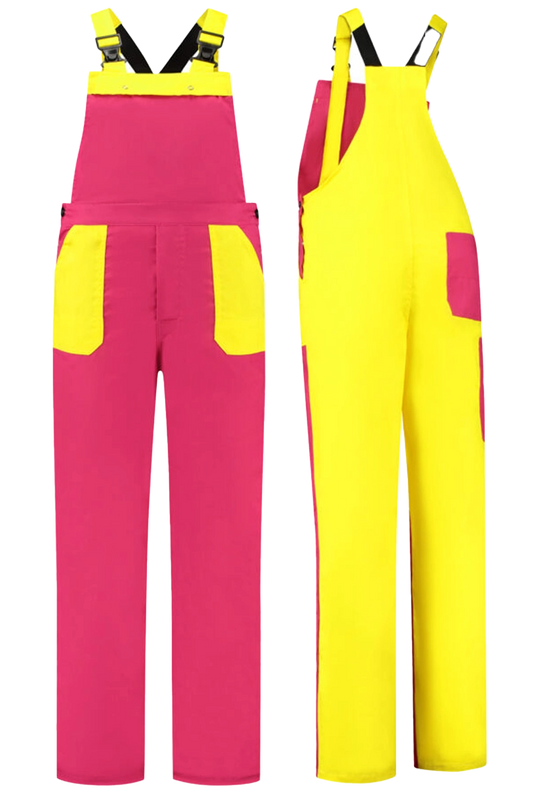 Tuinbroek 2-kleurig polyester-katoen fuchsia geel