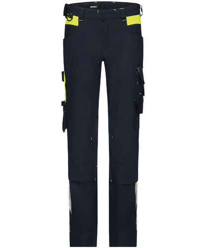 Dassy dames werkbroek Canton stretch met kniezakken navy geel voorkant