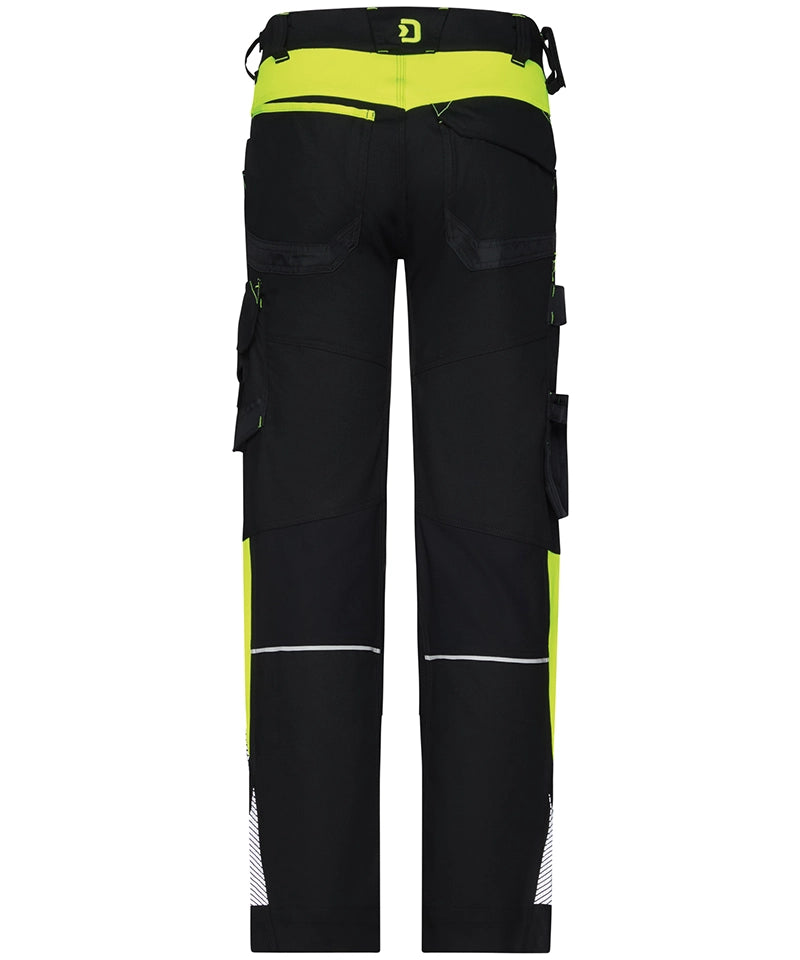 Dassy werkbroek Canton stretch met kniezakken zwart geel achterkant