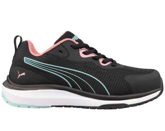 Puma dames werkschoenen S1PS 64297 zijkant roze logo blauwe strepen