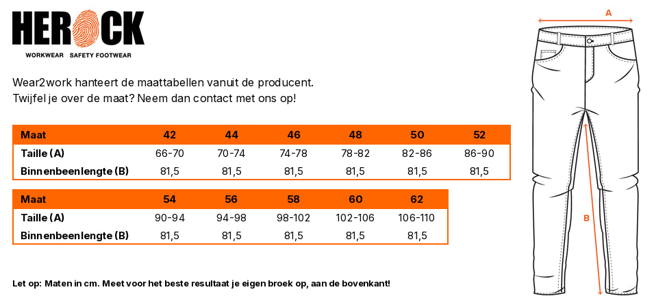 Herock werkbroek Spero - Maattabel