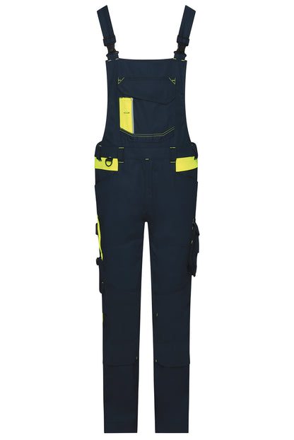 Dassy bretelbroek Ulsan stretch met kniezakken navy met geel voorkant