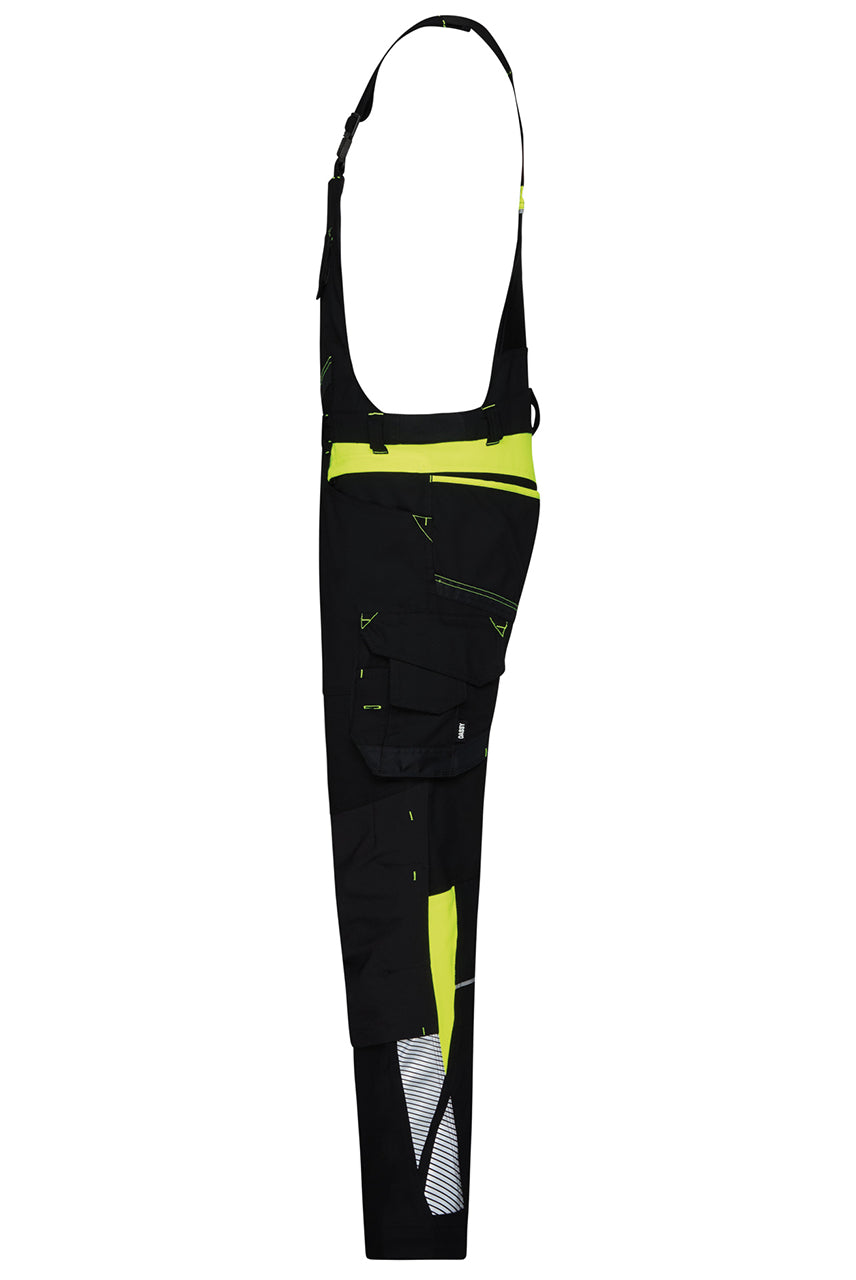 Dassy bretelbroek Ulsan stretch met kniezakken zwart met geel zijkant