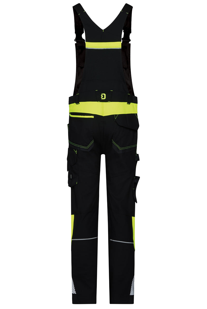 Dassy bretelbroek Ulsan stretch met kniezakken zwart met geel achterkant