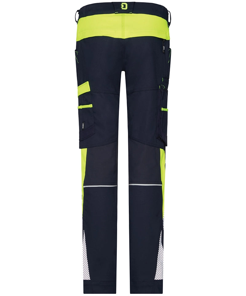 Dassy dames werkbroek Hong Kong stretch navy geel achterkant