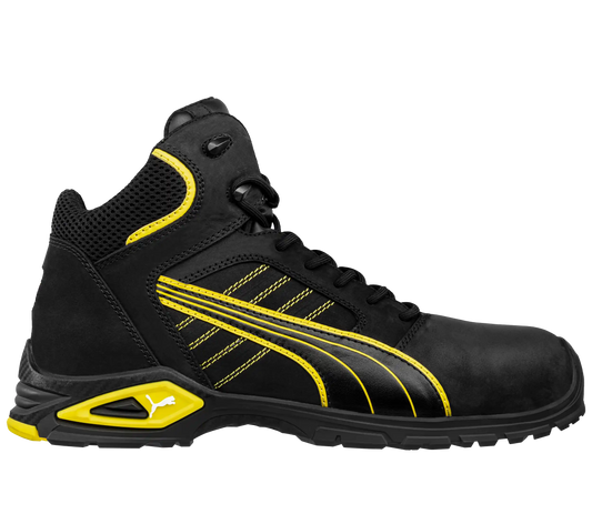 Puma werkschoenen Amsterdam Mid S3 SRC 63224 voorkant rechts zwart met geel